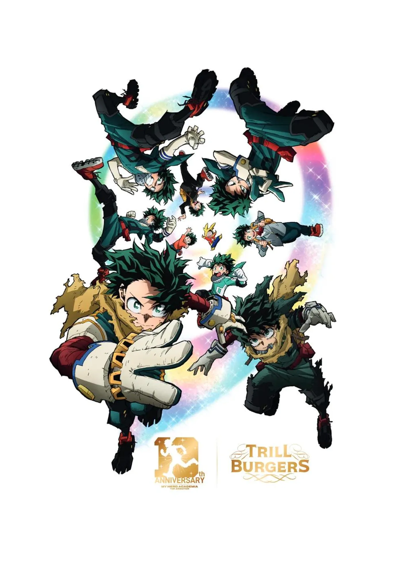 Full color illustration of green haired anime figures in dark green costumes and tattered gold cloaks tumbling through a glowing rainbow ring. Progressively smaller figures in similar costumes spiral toward the centre, together with a small mascot figure with a yellow rabbit like head. Below the illustration sit a gold 10th Anniversary My Hero Academia mark and a gold Trill Burgers logo, separated by a thin vertical rule.