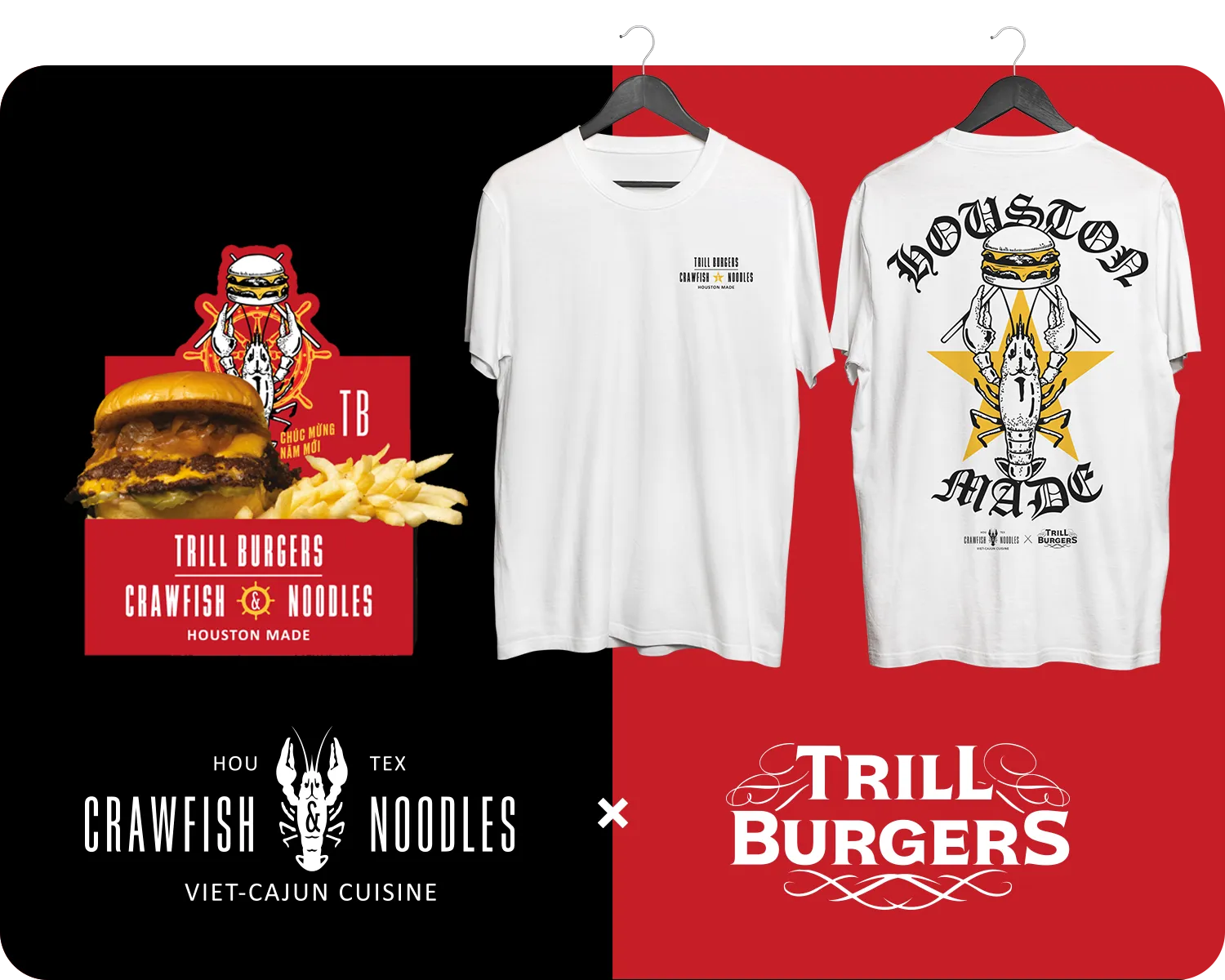 Trill Burgers x Crawfish & Noodles: Black and white tees. Small chest lockup, back print of a crawfish holding a burger over a big yellow star, blackletter Houston Made.