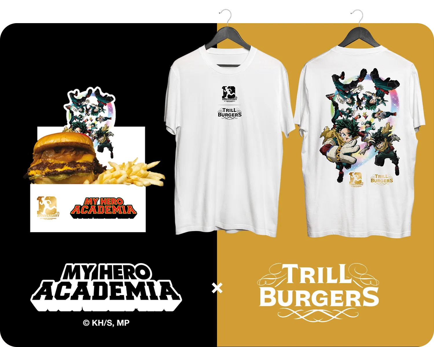 Trill Burgers x My Hero Academia: White tee with a small black chest lockup and a full color back print of anime figures tumbling through a rainbow ring over gold logos.