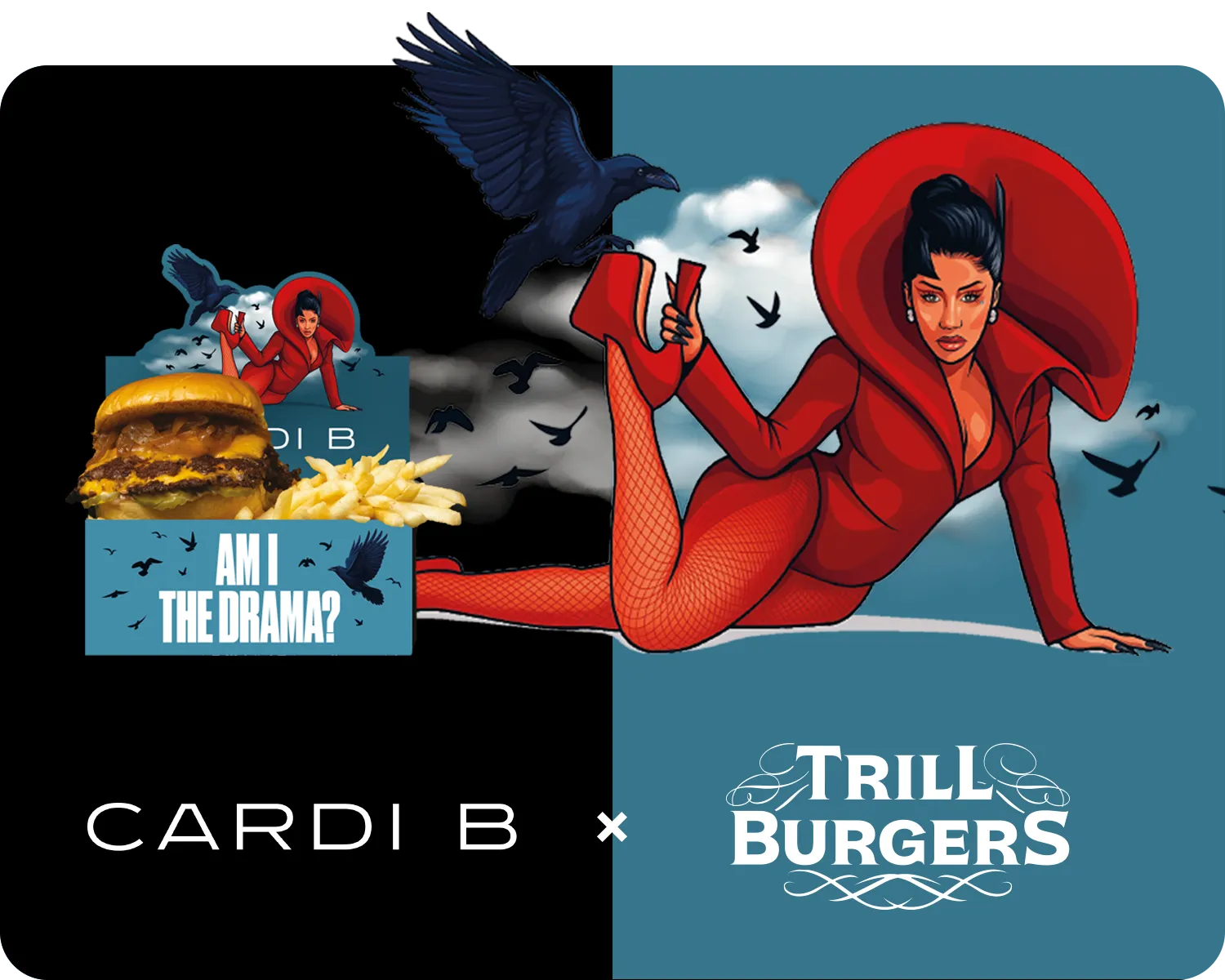 Trill Burgers x Cardi B: Teal and black packaging with an illustrated figure in a red suit and wide brimmed hat, ravens over a cloudy sky, an Am I The Drama? panel, and the Trill Burgers wordmark in white.