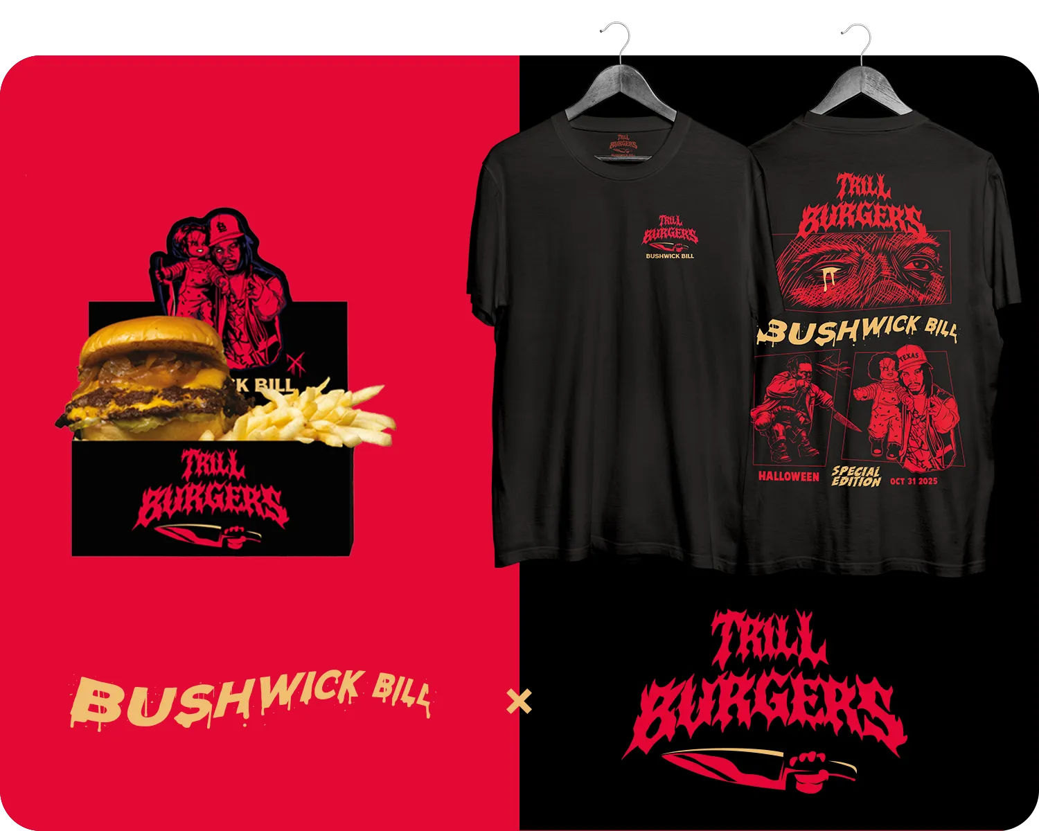 Trill Burgers x Bushwick Bill: Black burger box and black tees in drippy red lettering: a Trill Burgers wordmark set over a knife with a burger on the blade, a line drawn portrait, and a small Texas panel on the back print.