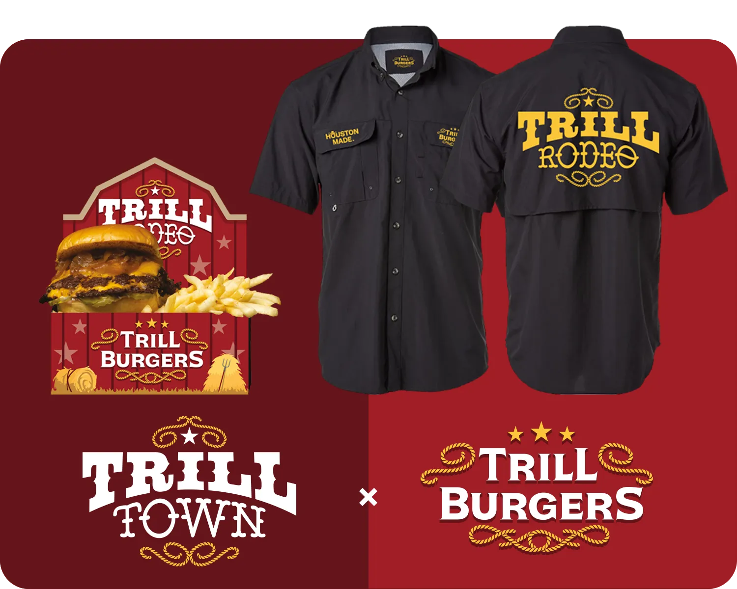 Trill Rodeo Shirt: Black short sleeve button up with a caped back panel, gold western type on both chest pockets and a big Trill Rodeo lockup on the back.