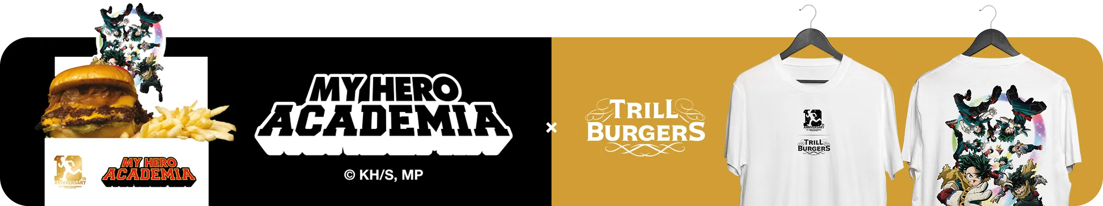 Trill Burgers x My Hero Academia: White tee with a small black chest lockup and a full color back print of anime figures tumbling through a rainbow ring over gold logos.