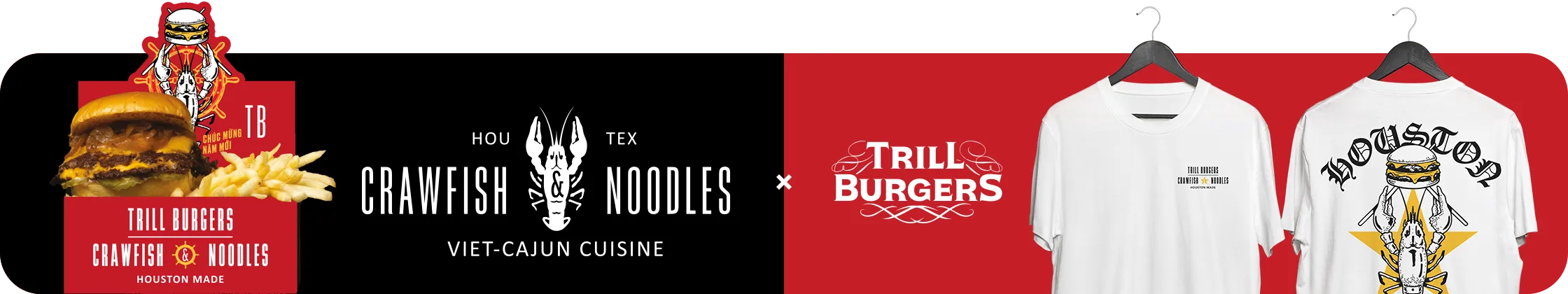 Trill Burgers x Crawfish & Noodles: Black and white tees. Small chest lockup, back print of a crawfish holding a burger over a big yellow star, blackletter Houston Made.