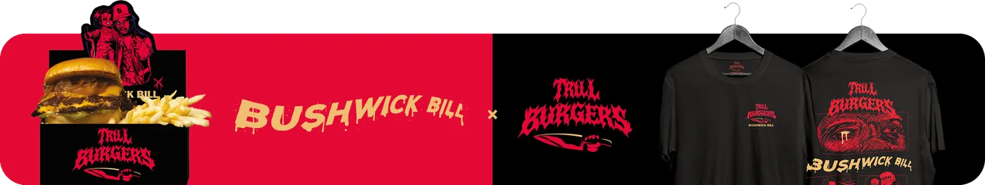 Wide banner in three panels. On the left, over red, a black burger box holds a double cheeseburger and fries; a red and black line drawing of Bushwick Bill in a cap stands above it, and the box front carries a Trill Burgers wordmark in drippy red letters over a knife with a burger on the blade. In the centre, cream drippy letters read Bushwick Bill, then a multiplication sign, then the same red Trill Burgers wordmark and knife on black. On the right, over black, two black t-shirts hang on wire hangers: the front one has a small red chest print reading Trill Burgers above Bushwick Bill, and the back one has the red Trill Burgers wordmark above a red line drawn face in a framed panel, the words Bushwick Bill, and a small panel reading Texas.