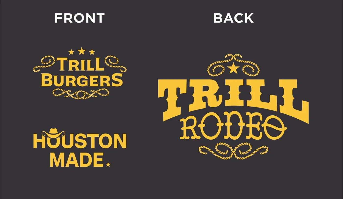 Print artwork on a dark grey sheet with the white labels Front and Back across the top. On the left, a gold Trill Burgers lockup with three stars and rope flourishes above a Houston Made lockup with a cowboy hat over the first letter O. On the right, a large gold Trill Rodeo lockup with a star and rope flourishes.