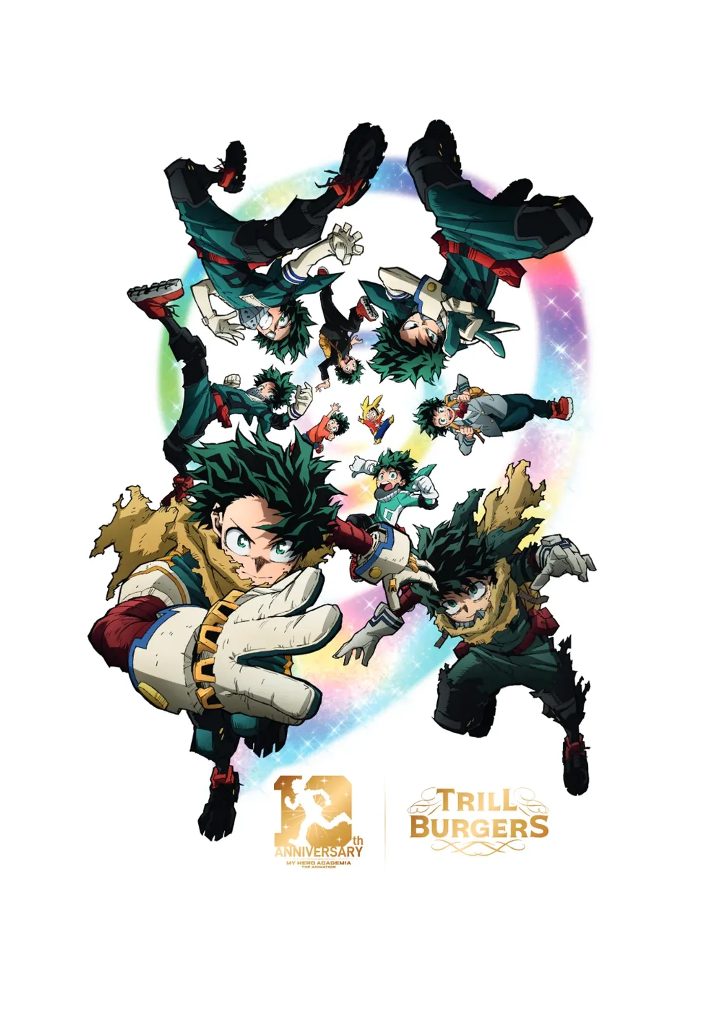 Full color illustration of green haired anime figures in dark green costumes and tattered gold cloaks tumbling through a glowing rainbow ring. Progressively smaller figures in similar costumes spiral toward the centre, together with a small mascot figure with a yellow rabbit like head. Below the illustration sit a gold 10th Anniversary My Hero Academia mark and a gold Trill Burgers logo, separated by a thin vertical rule.