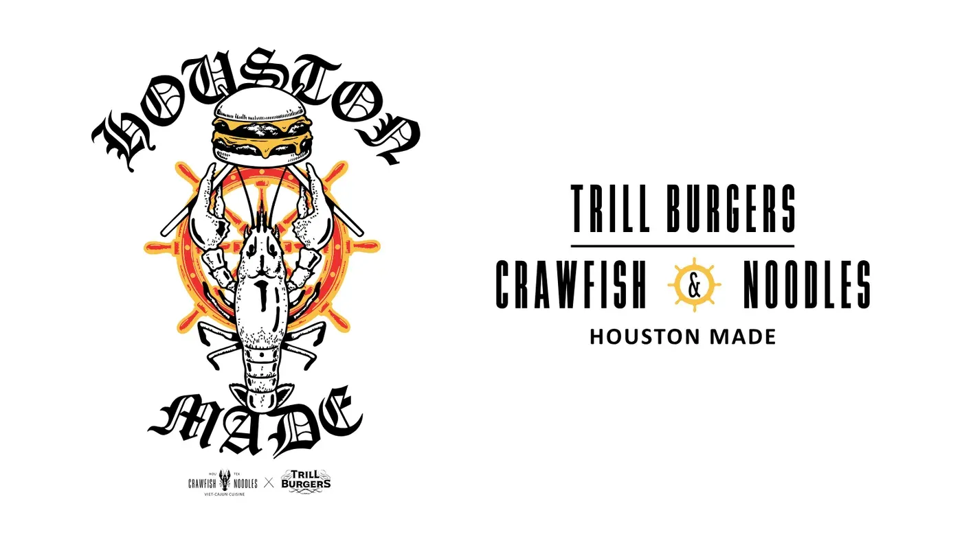 Flat artwork sheet on a white background. On the left a crawfish raises a cheeseburger in its claws in front of a red and gold ship steering wheel, with blackletter Houston arched above and Made curved below, and the Crawfish and Noodles logo beside the Trill Burgers logo on either side of an X underneath. On the right a stacked black wordmark reads Trill Burgers above a rule, then Crawfish and Noodles with an ampersand set inside a small gold ship wheel, then Houston Made.