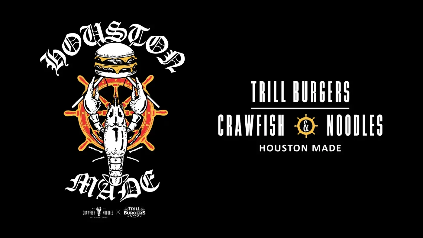 Flat artwork sheet on a black background. On the left a white crawfish raises a cheeseburger in its claws in front of a red and gold ship steering wheel, with blackletter Houston arched above and Made curved below, and the Crawfish and Noodles logo beside the Trill Burgers logo on either side of an X underneath. On the right a stacked white wordmark reads Trill Burgers above a rule, then Crawfish and Noodles with an ampersand set inside a small gold ship wheel, then Houston Made.